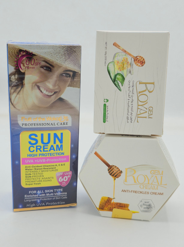 کرم ژل رویال به همراه صابون رویال و یک عددضد آفتاب بی رنگ spf60 حجم 130 میل