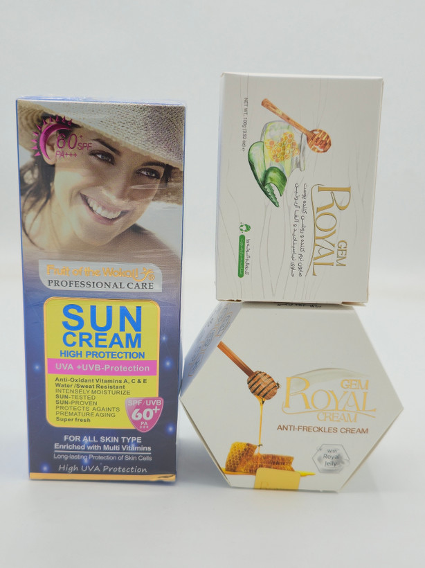 کرم ژل رویال به همراه صابون رویال و یک عددضد آفتاب بی رنگ spf60 حجم 130 میل