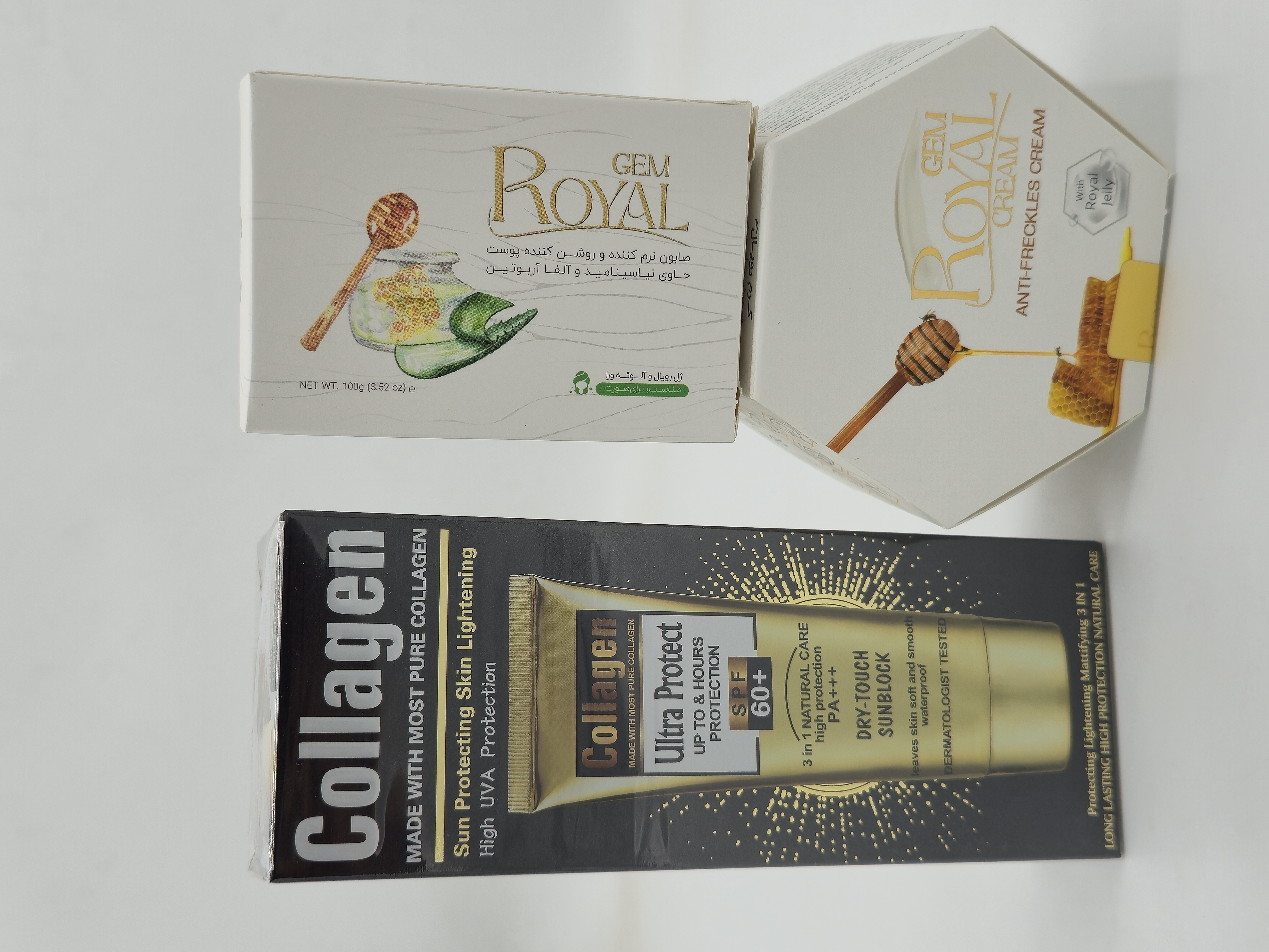 کرم ژل رویال به همراه صابون رویال و یک عددضد آفتاب بی رنگ کلاژن spf 60 حجم ۱۰۰ میل