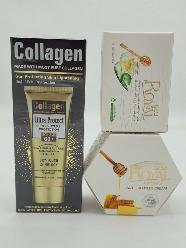 کرم ژل رویال به همراه صابون رویال و یک عددضد آفتاب بی رنگ کلاژن spf 60 حجم ۱۰۰ میل