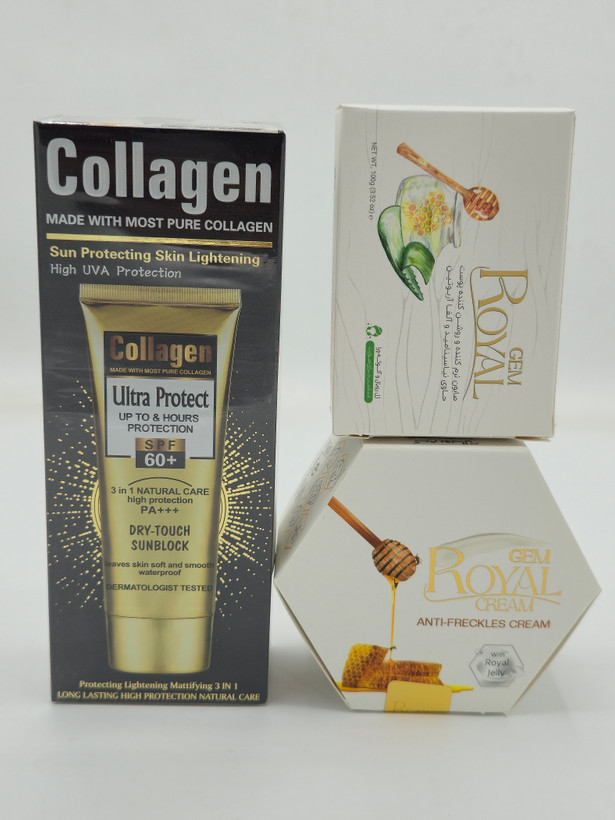 کرم ژل رویال به همراه صابون رویال و یک عددضد آفتاب بی رنگ کلاژن spf 60 حجم ۱۰۰ میل