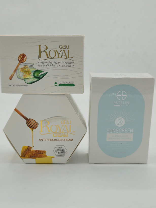 کرم ژل رویال به همراه صابون رویال و یک عددضد آفتاب بی رنگ استلین spf50